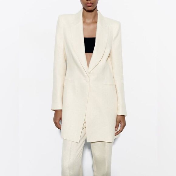 Zara 87% Linen Metallic Thread Co-Ord SET Blazer Jacket Pants New - Picture 2 of 3